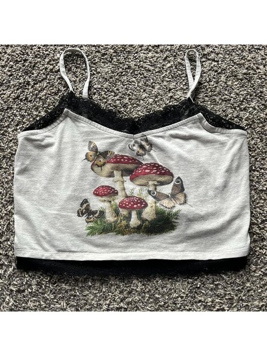 None Tops - Women's Light Gray Mushroom Small Crop Top Lace Cottagecore Fairy Whimsigoth